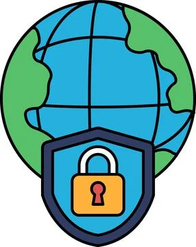 A black and white drawing of a globe with a lock on it Stock Illustration