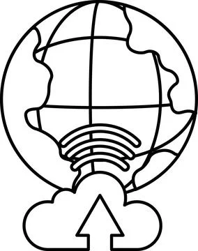 A black and white drawing of a globe with a cloud and an arrow pointing upwar Stock Illustration