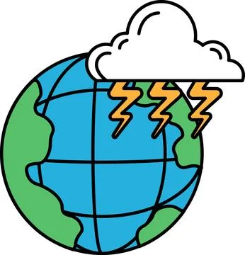 A black and white drawing of a globe with a storm cloud above it Stock Illustration