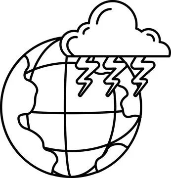 A black and white drawing of a globe with a storm cloud above it Stock Illustration