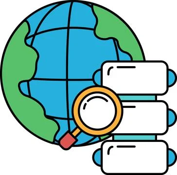 A black and white drawing of a globe with a magnifying glass on it Stock Illustration