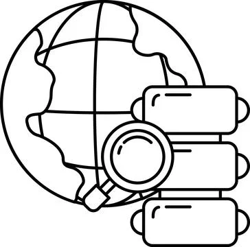 A black and white drawing of a globe with a magnifying glass on it Illustrazione stock