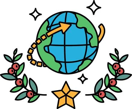 A black and white drawing of a globe with a star and leaves surrounding it Stock Illustration
