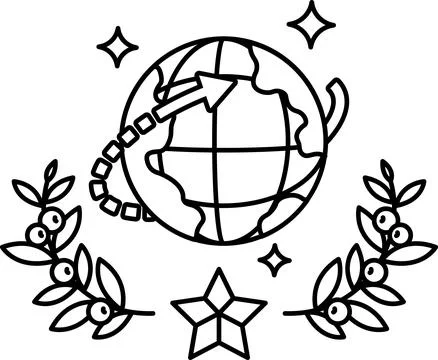 A black and white drawing of a globe with a star and leaves surrounding it Stock Illustration