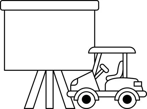 A black and white drawing of a golf cart and a projector screen Stock Illustration