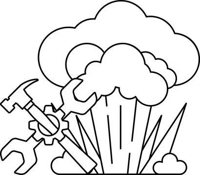 A black and white drawing of a hammer and a wrench next to a cloud of smoke Stock Illustration