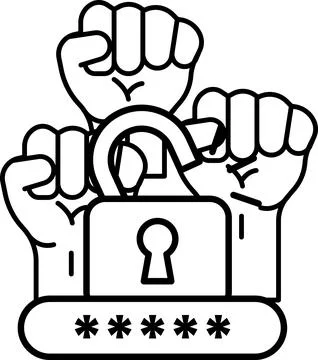 A black and white drawing of hands holding a lock with a key Stock Illustration