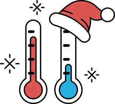 A black and white drawing of a hat on a thermometer with the temperature at - Stock Illustration