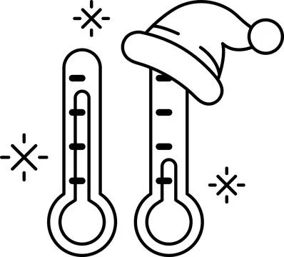 A black and white drawing of a hat on a thermometer with the temperature at - Stock Illustration