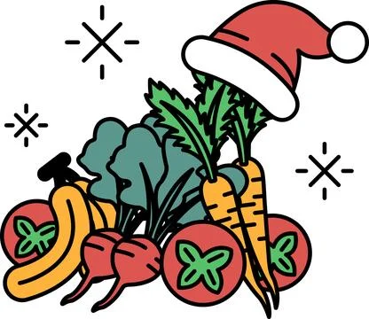 A black and white drawing of a hat on a carrot and other vegetables Stock Illustration