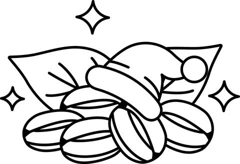 A black and white drawing of a hat on top of a pile of coffee beans Stock Illustration