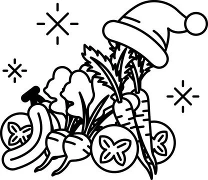 A black and white drawing of a hat on a carrot and other vegetables Stock Illustration