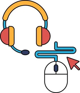 A black and white drawing of a headset and a mouse Illustrazione stock