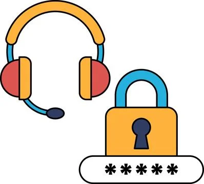 A black and white drawing of a headset and a lock Stock Illustration