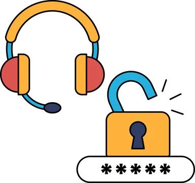 A black and white drawing of a headset and a lock with a keyhole Stock Illustration