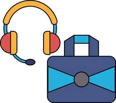 A black and white drawing of a headset and a briefcase Stock Illustration