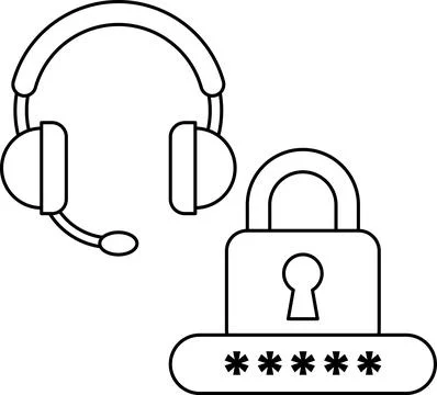 A black and white drawing of a headset and a lock Stock Illustration