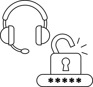 A black and white drawing of a headset and a lock with a keyhole Stock Illustration