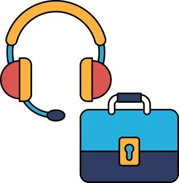 A black and white drawing of a headset and briefcase Stock Illustration