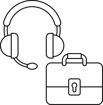 A black and white drawing of a headset and briefcase Stock Illustration