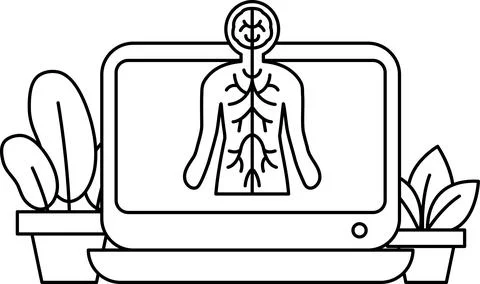 A black and white drawing of a human body with a computer monitor showing t.. イラスト素材