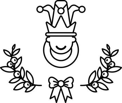 A black and white drawing of a jester with a crown and a bow Stock Illustration