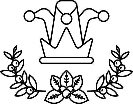 A black and white drawing of a jester's hat and crown with leaves and berries Stock Illustration