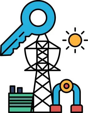A black and white drawing of a key and a sun with a power line in the backg.. Ilustração Stock