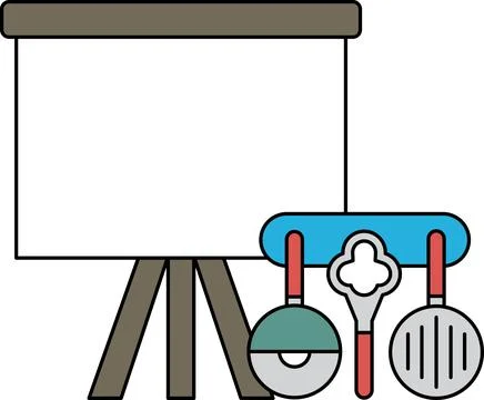 A black and white drawing of a kitchen with a projector screen Stock Illustration