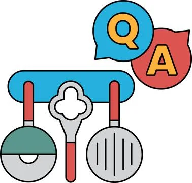 A black and white drawing of a kitchen with a question mark and an A above it Stock Illustration