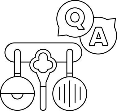 A black and white drawing of a kitchen with a question mark and an A above it Stock Illustration