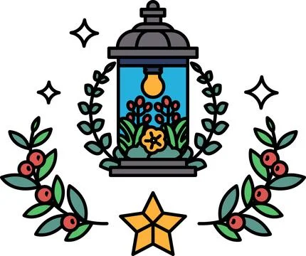A black and white drawing of a lantern with a star and leaves Stock Illustration