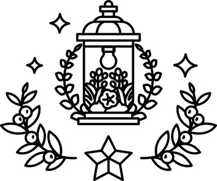 A black and white drawing of a lantern with a star and leaves Stock Illustration