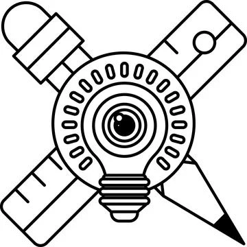 A black and white drawing of a light bulb, pencil, and ruler Stock Illustration