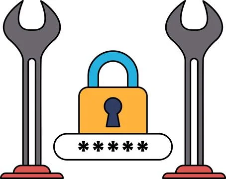 A black and white drawing of a lock, a key, and a wrench Stock Illustration