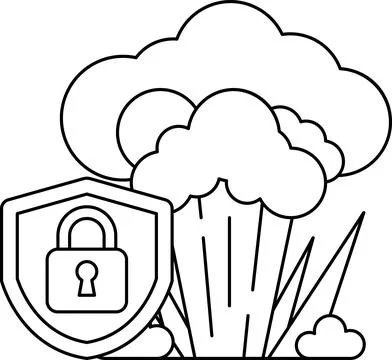 A black and white drawing of a lock and a cloud with a broccoli in the middle Stock Illustration