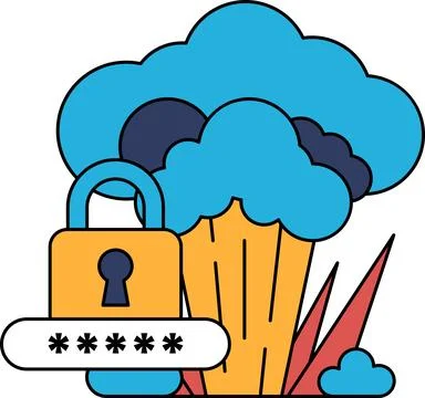 A black and white drawing of a lock and a key with a cloud in the background Stock Illustration