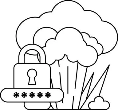 A black and white drawing of a lock and a key with a cloud in the background Stock Illustration