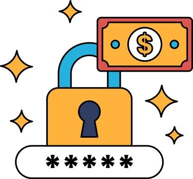 A black and white drawing of a lock with a dollar bill on top of it Stock Illustration