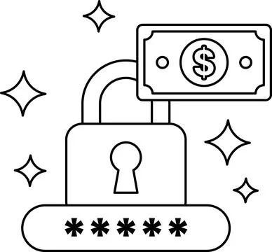 A black and white drawing of a lock with a dollar bill on top of it Stock Illustration
