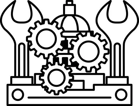 A black and white drawing of a machine with three gears and a wrench 스톡 일러스트
