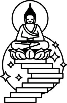 A black and white drawing of a man sitting on a lotus flower Stock Illustration