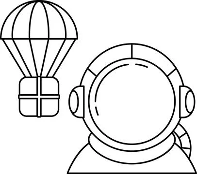 A black and white drawing of a man in a spacesuit with a box next to him Stock Illustration
