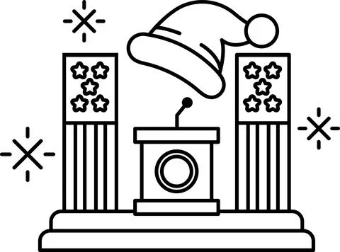 A black and white drawing of a microphone and a hat on top of a podium Stock Illustration