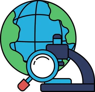 A black and white drawing of a microscope with a magnified view of the Earth Stock Illustration