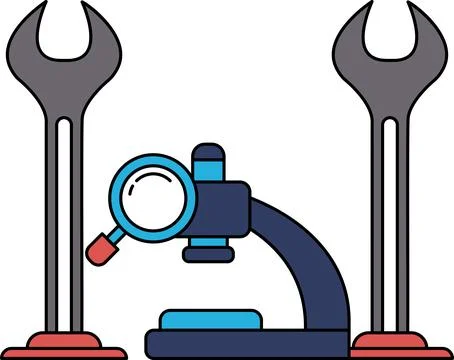 A black and white drawing of a microscope with a magnifying glass and a wrenc Illustrazione stock