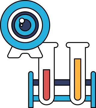 A black and white drawing of a microscope and two test tubes Illustrazione stock