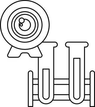 A black and white drawing of a microscope and two test tubes Illustrazione stock