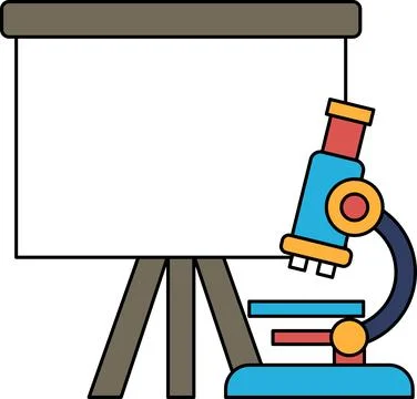 A black and white drawing of a microscope and a projector screen Stock Illustration