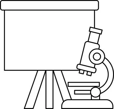 A black and white drawing of a microscope and a projector screen Stock Illustration